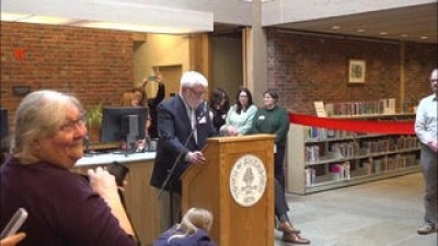 Library Ribbon Cutting and Rededication Ceremony Banner Photo